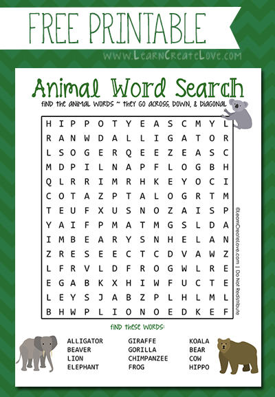 Printable Word Search: Animals | LearnCreateLove