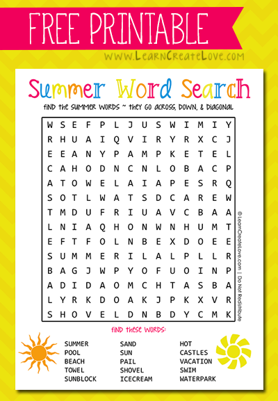 Free Printable Summer Word Search For 2nd Grade